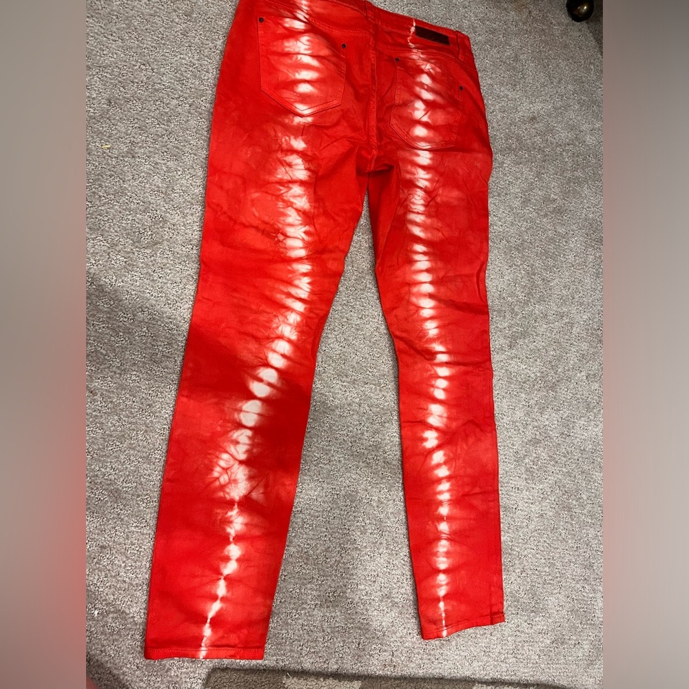 DKNY Orange and white tie dyed skinny jeans